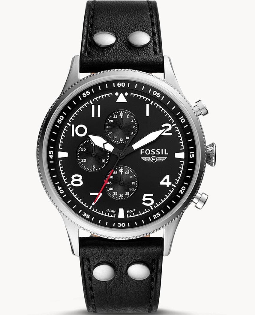 Fossil chronograph black leather best sale